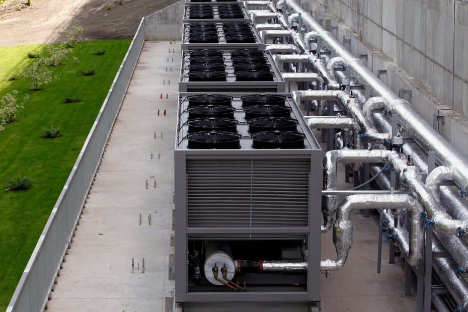 Air chiller. Sets of cooling towers in data center building.
